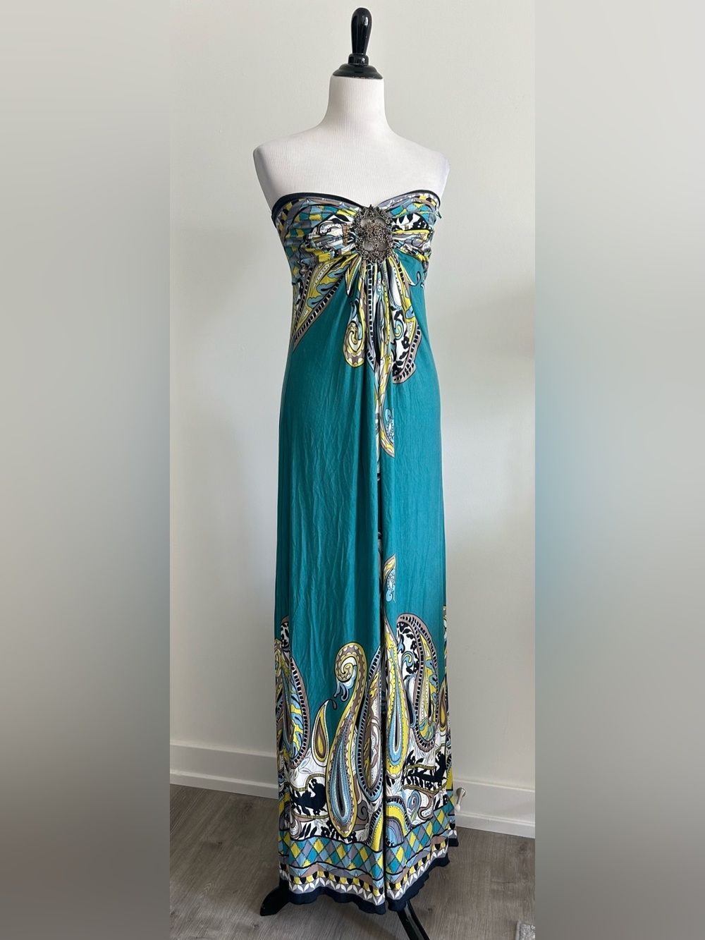 YASB M Teal Paisley Maxi Dress with Embellished Bust